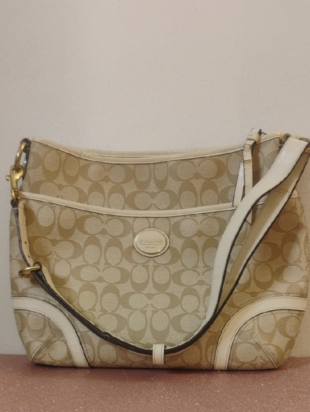 Coach Beige Signature Jacquard Shoulder Bag with White Trim